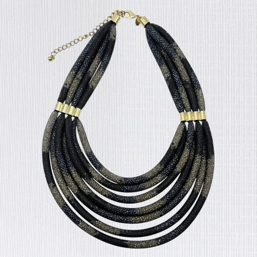 Chicos Chunky Statement Necklace Gold Tone Black Blue Mesh Tube Tiered Layered